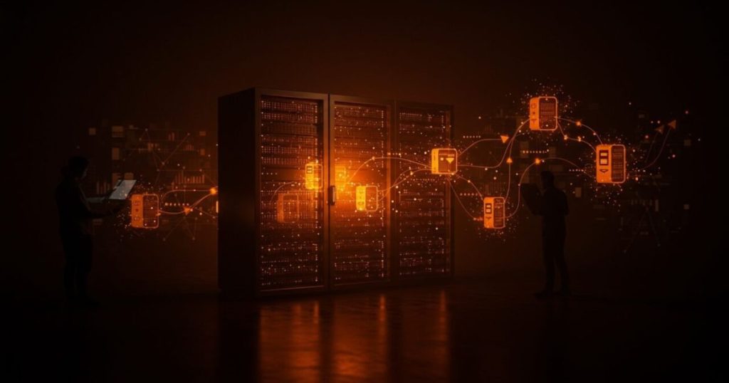 Servidor de datos iluminado en naranja con red de nodos conectados, representando la infraestructura de almacenamiento de datos para inteligencia artificial